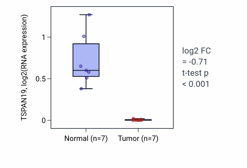 Tumor-vs-normal expression box plot for TSPAN19 in THCA.