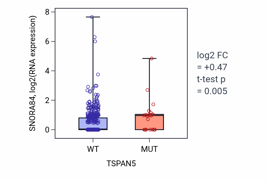 Box plot of SNORA84 in TSPAN5-low vs TSPAN5-high samples in UCEC.