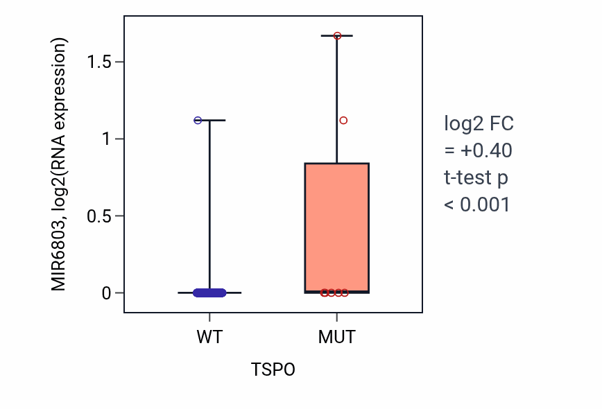 Box plot of MIR6803 in TSPO-low vs TSPO-high samples in UCEC.