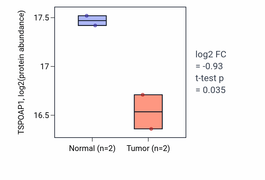 Tumor-vs-normal mass-spec protein box plot for TSPOAP1 in LUAD.