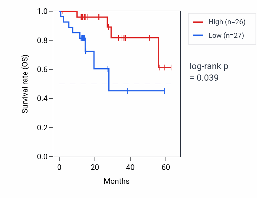 Kaplan&ndash;Meier survival curve for TSR2 mass-spec protein-high vs -low samples in LUAD.