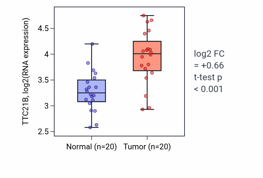 Tumor-vs-normal expression box plot for TTC21B RNA in KIRC.