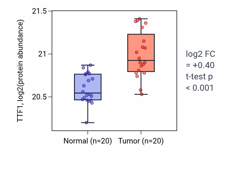 Tumor-vs-normal mass-spec protein box plot for TTF1 in LSCC.