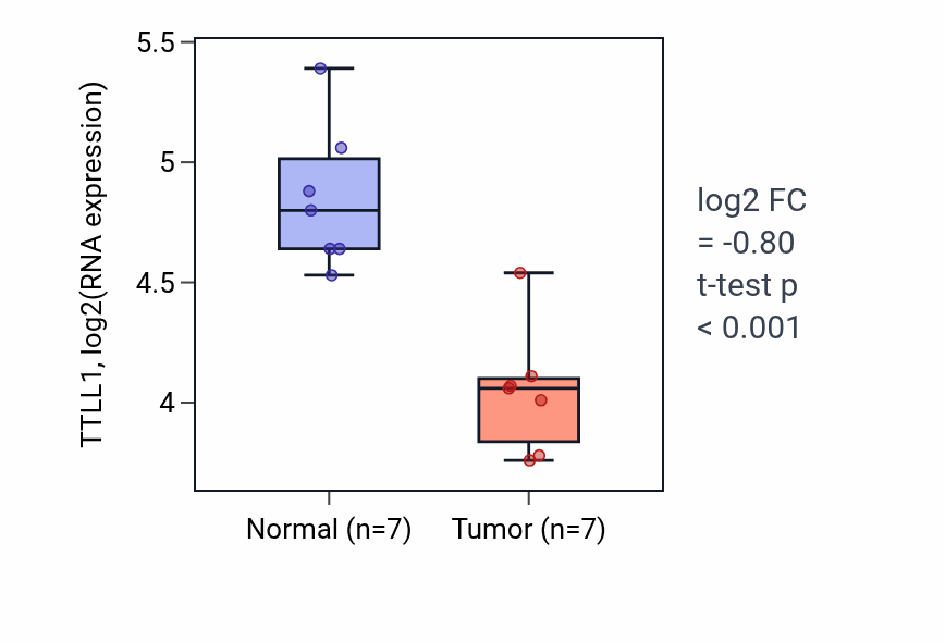 Tumor-vs-normal expression box plot for TTLL1 RNA in THCA.