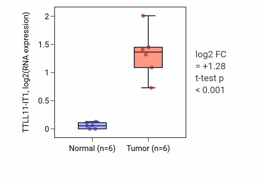 Tumor-vs-normal expression box plot for TTLL11-IT1 in HNSC.