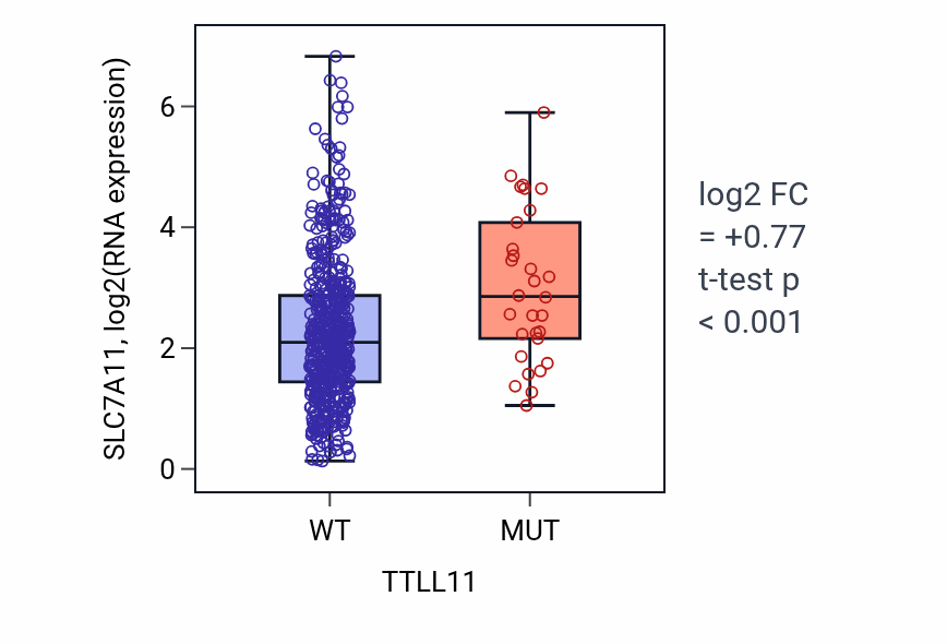 Box plot of SLC7A11 in TTLL11-low vs TTLL11-high samples in UCEC.