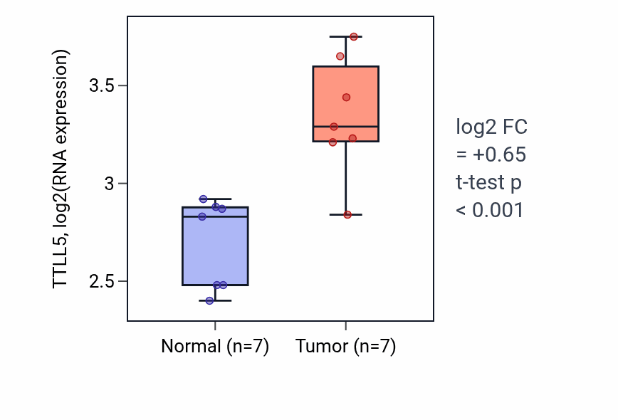 Tumor-vs-normal expression box plot for TTLL5 RNA in BLCA.