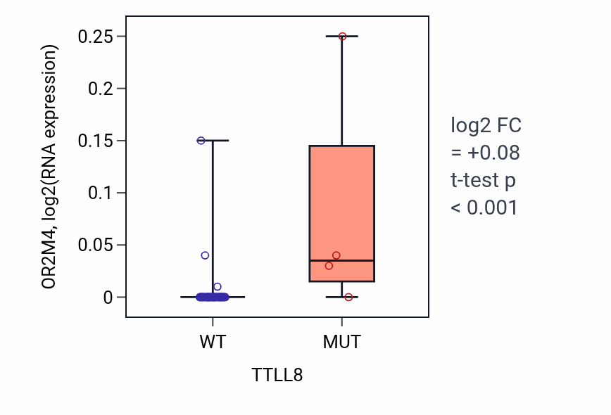 Box plot of OR2M4 in TTLL8-low vs TTLL8-high samples in OVARY.