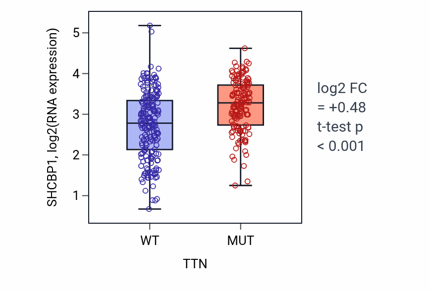 Box plot of SHCBP1 in TTN-low vs TTN-high samples in STAD.