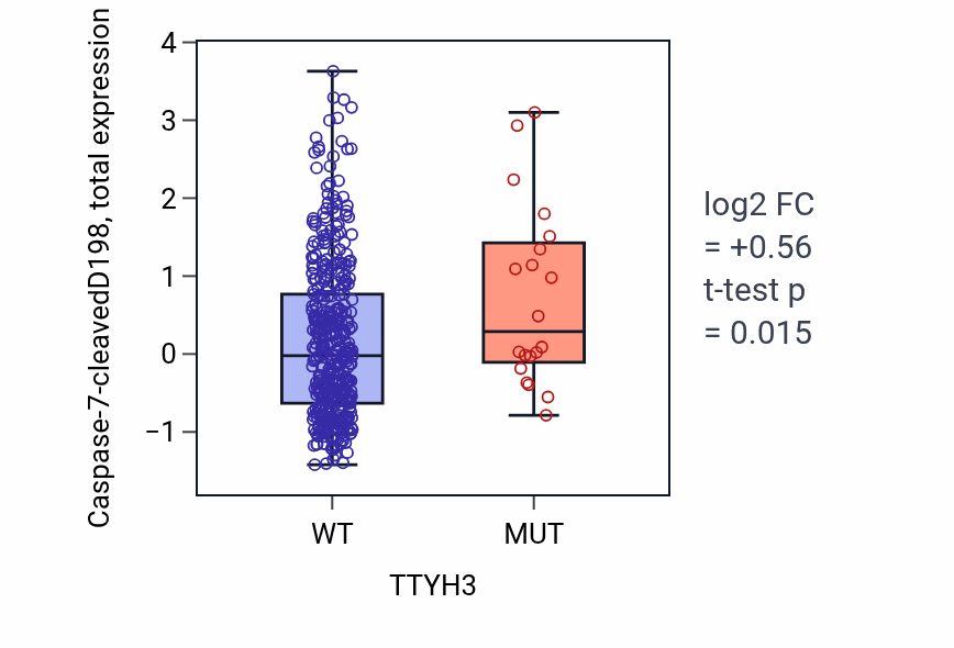 Box plot of Caspase-7-cleavedD198 in TTYH3-low vs TTYH3-high samples in UCEC.