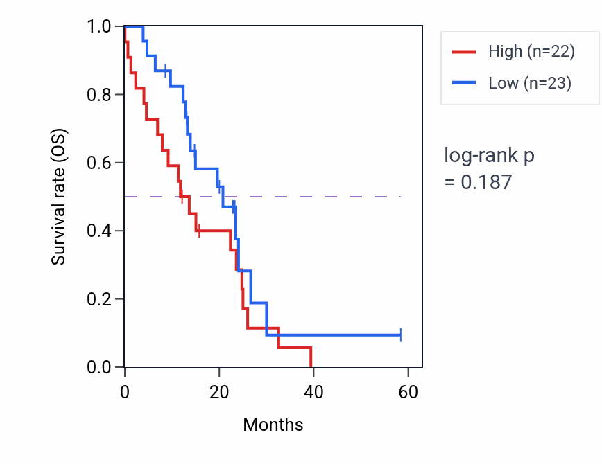 Kaplan&ndash;Meier survival curve for TTYH3 mass-spec protein-high vs -low samples in PDAC.