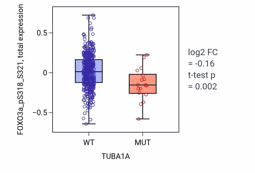 Box plot of FOXO3a_pS318_S321 in TUBA1A-low vs TUBA1A-high samples in UCEC.
