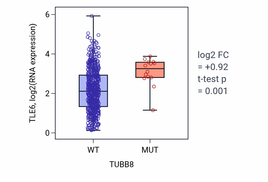 Box plot of TLE6 in TUBB8-low vs TUBB8-high samples in UCEC.