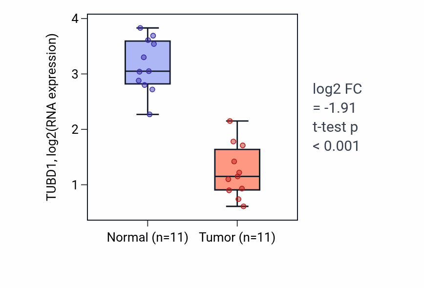 Tumor-vs-normal expression box plot for TUBD1 RNA in KICH.