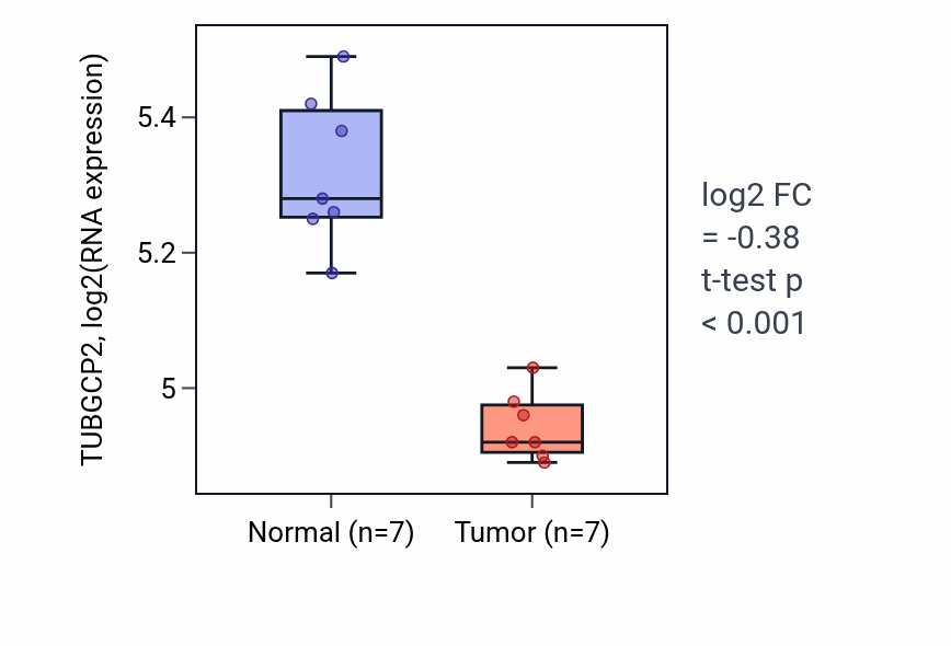 Tumor-vs-normal expression box plot for TUBGCP2 RNA in THCA.