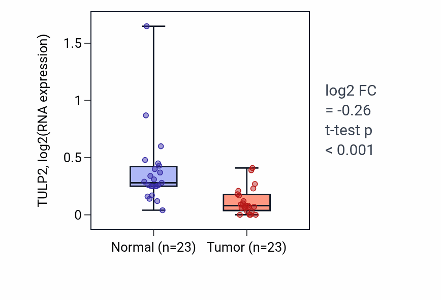 Tumor-vs-normal expression box plot for TULP2 in THCA.