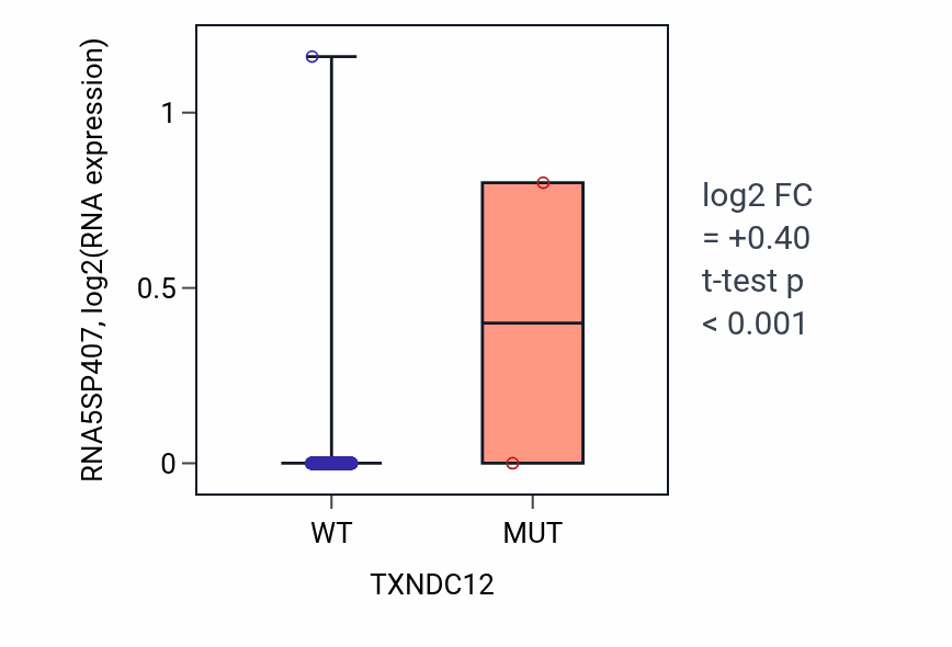Box plot of RNA5SP407 in TXNDC12-low vs TXNDC12-high samples in BLCA.