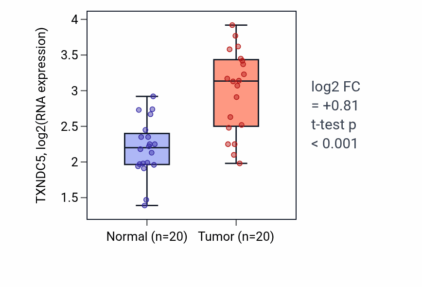 Tumor-vs-normal expression box plot for TXNDC5 RNA in KIRC.