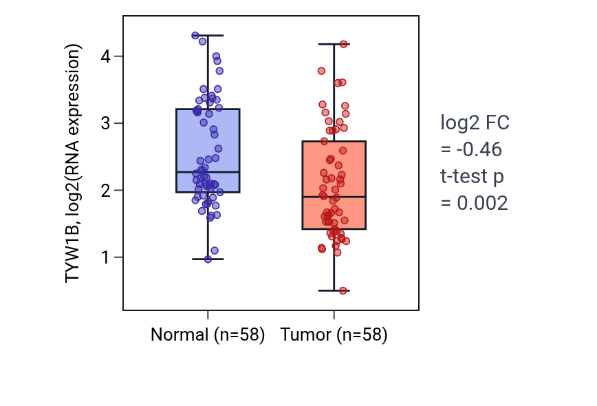 Tumor-vs-normal expression box plot for TYW1B in THCA.