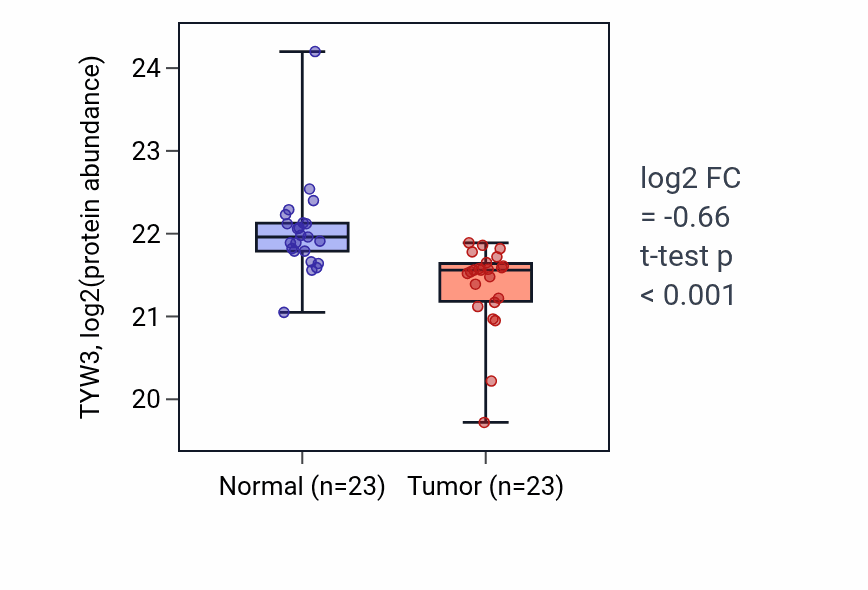Tumor-vs-normal mass-spec protein box plot for TYW3 in PDAC.