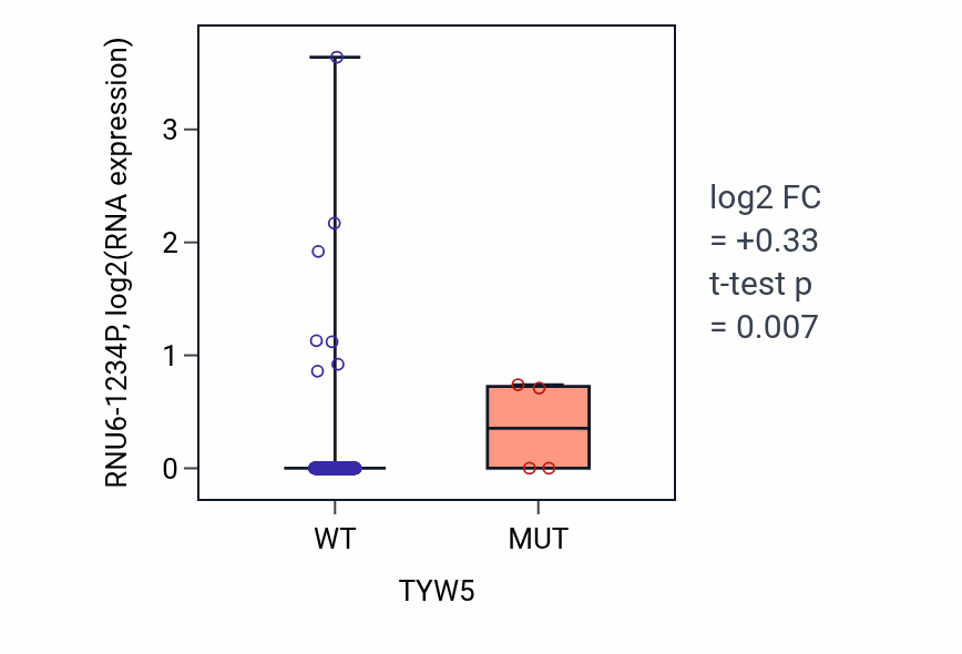 Box plot of RNU6-1234P in TYW5-low vs TYW5-high samples in COAD.