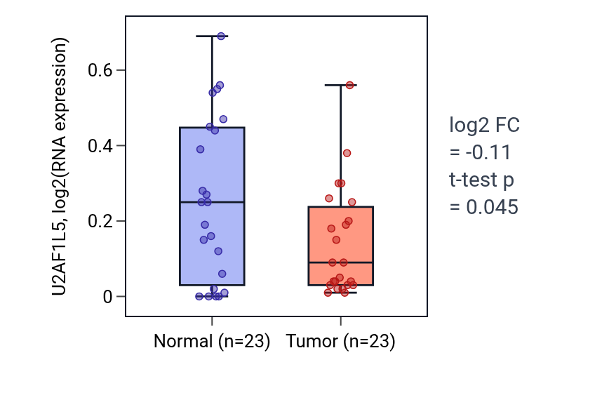 Tumor-vs-normal expression box plot for U2AF1L5 in LUSC.