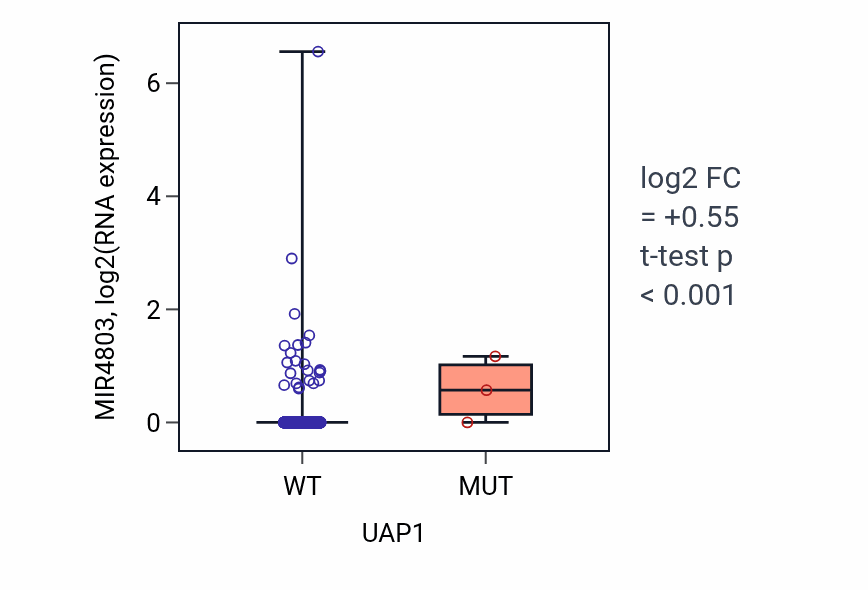 Box plot of MIR4803 in UAP1-low vs UAP1-high samples in BRCA.