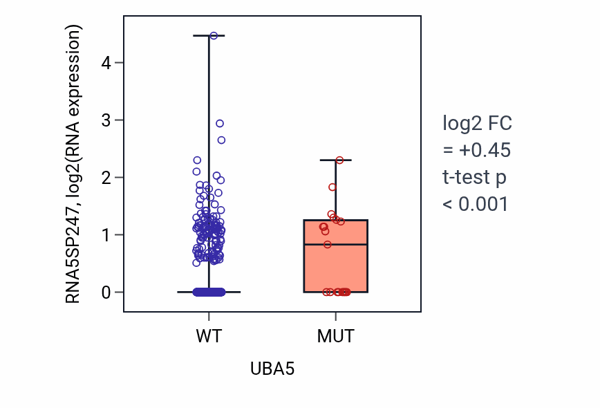Box plot of RNA5SP247 in UBA5-low vs UBA5-high samples in UCEC.