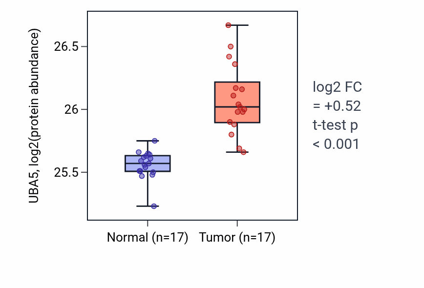 Tumor-vs-normal mass-spec protein box plot for UBA5 in CCRCC.