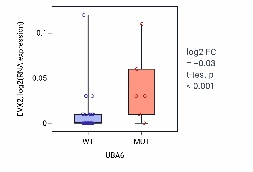 Box plot of EVX2 in UBA6-low vs UBA6-high samples in OVARY.