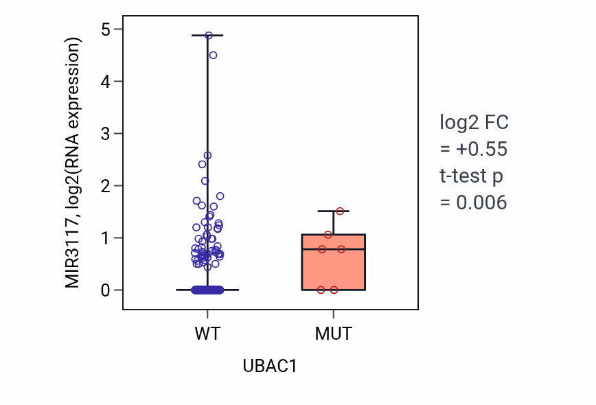Box plot of MIR3117 in UBAC1-low vs UBAC1-high samples in COAD.