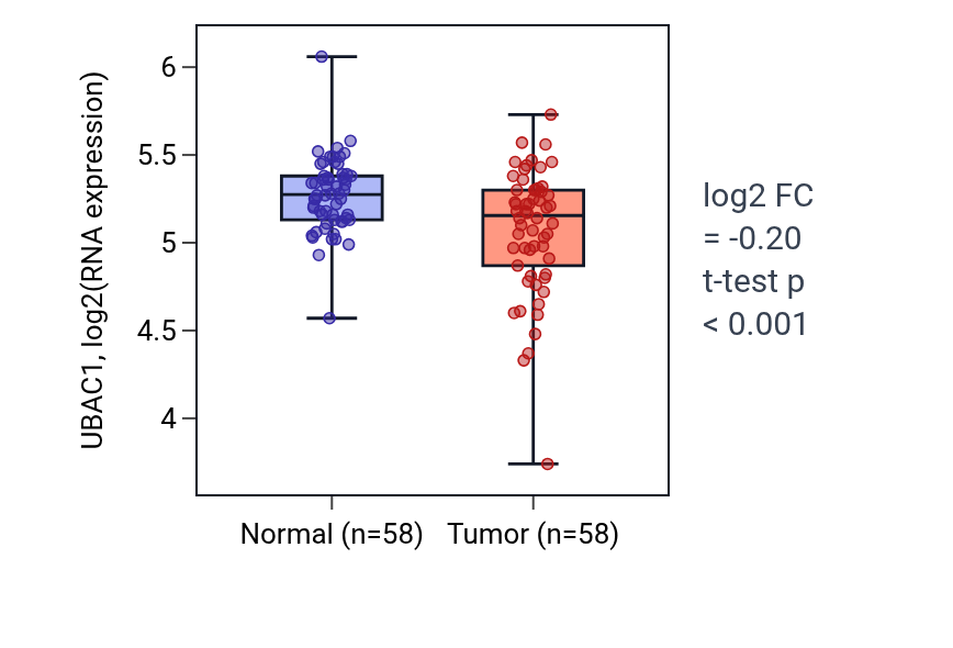 Tumor-vs-normal expression box plot for UBAC1 in THCA.