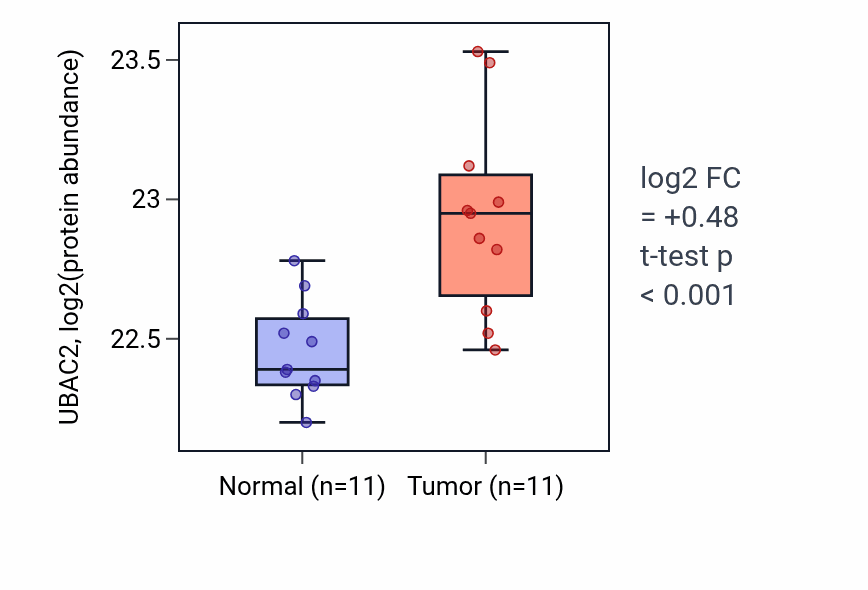 Tumor-vs-normal mass-spec protein box plot for UBAC2 in CCRCC.