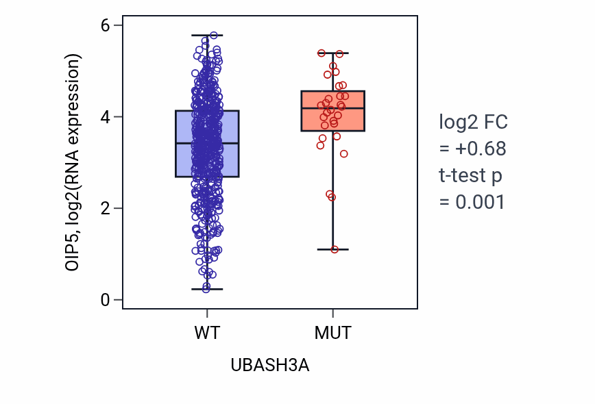 Box plot of OIP5 in UBASH3A-low vs UBASH3A-high samples in UCEC.