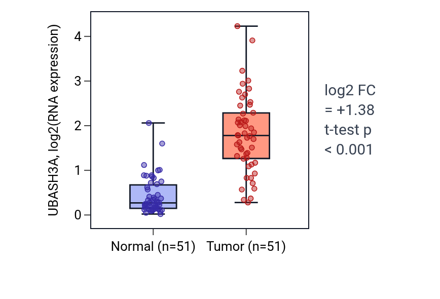 Tumor-vs-normal expression box plot for UBASH3A in KIRC.