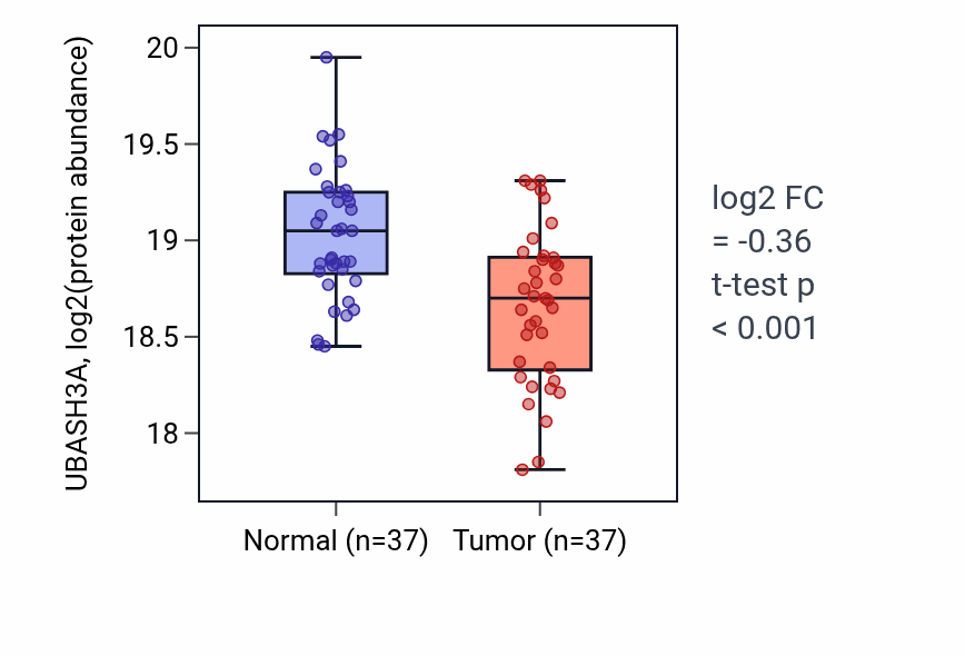 Tumor-vs-normal mass-spec protein box plot for UBASH3A in LUAD.