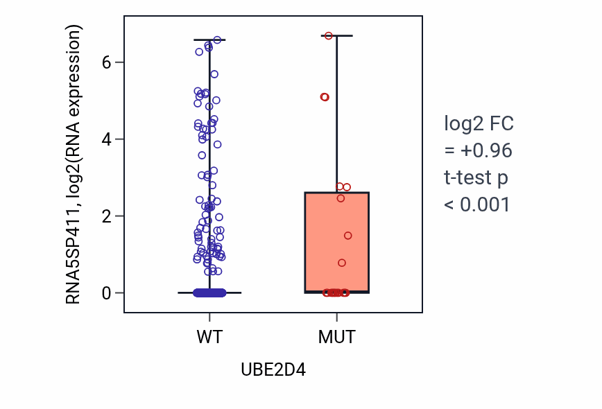 Box plot of RNA5SP411 in UBE2D4-low vs UBE2D4-high samples in UCEC.