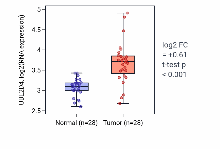 Tumor-vs-normal expression box plot for UBE2D4 RNA in LIHC.
