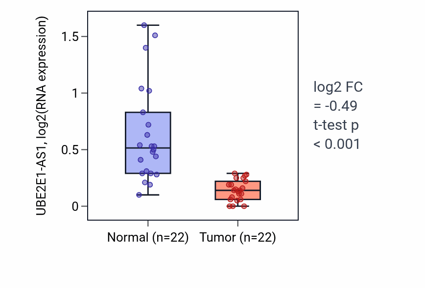 Tumor-vs-normal expression box plot for UBE2E1-AS1 in KICH.