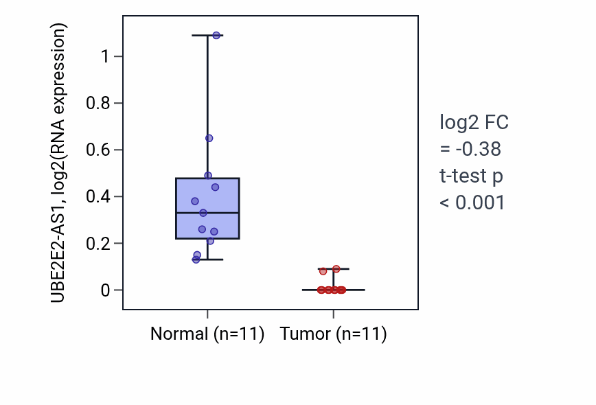 Tumor-vs-normal expression box plot for UBE2E2-AS1 in KICH.