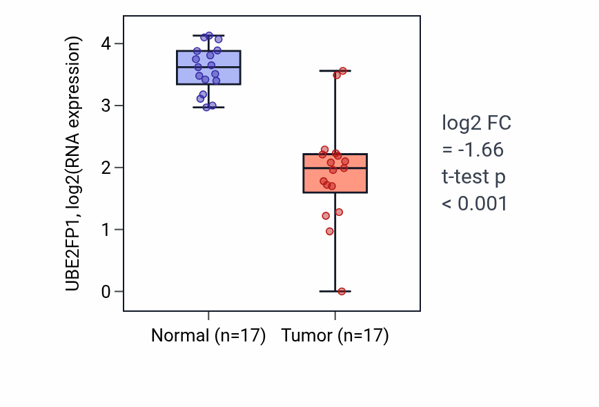 Tumor-vs-normal expression box plot for UBE2FP1 in COAD.