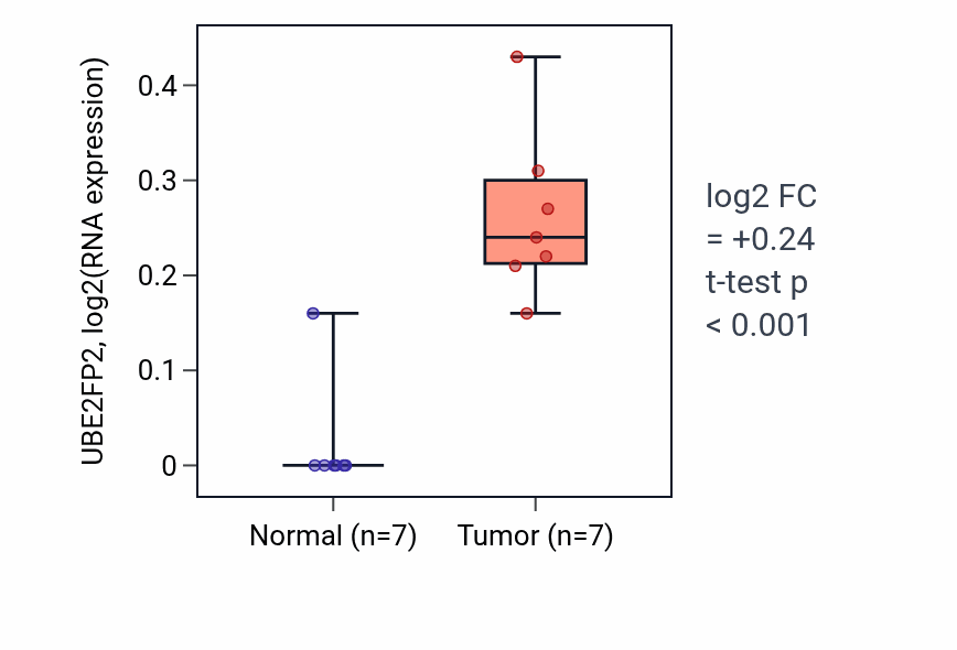 Tumor-vs-normal expression box plot for UBE2FP2 in KICH.