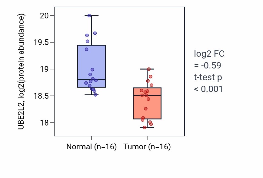 Tumor-vs-normal mass-spec protein box plot for UBE2L2 in CCRCC.