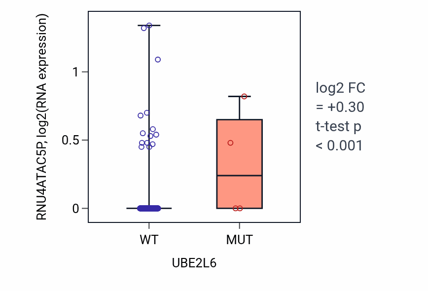 Box plot of RNU4ATAC5P in UBE2L6-low vs UBE2L6-high samples in SKCM.