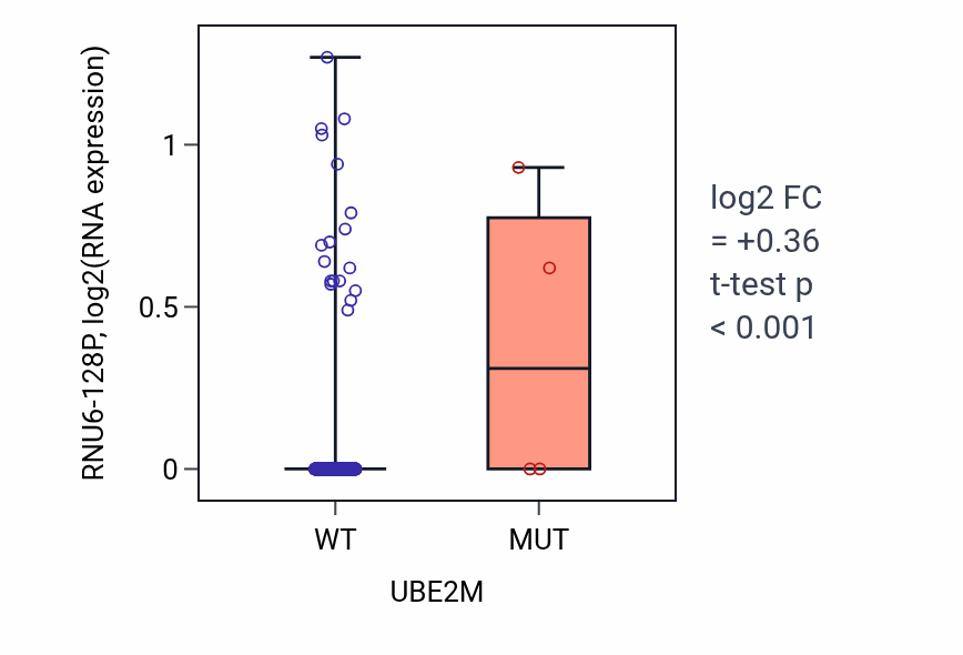 Box plot of RNU6-128P in UBE2M-low vs UBE2M-high samples in HNSC.