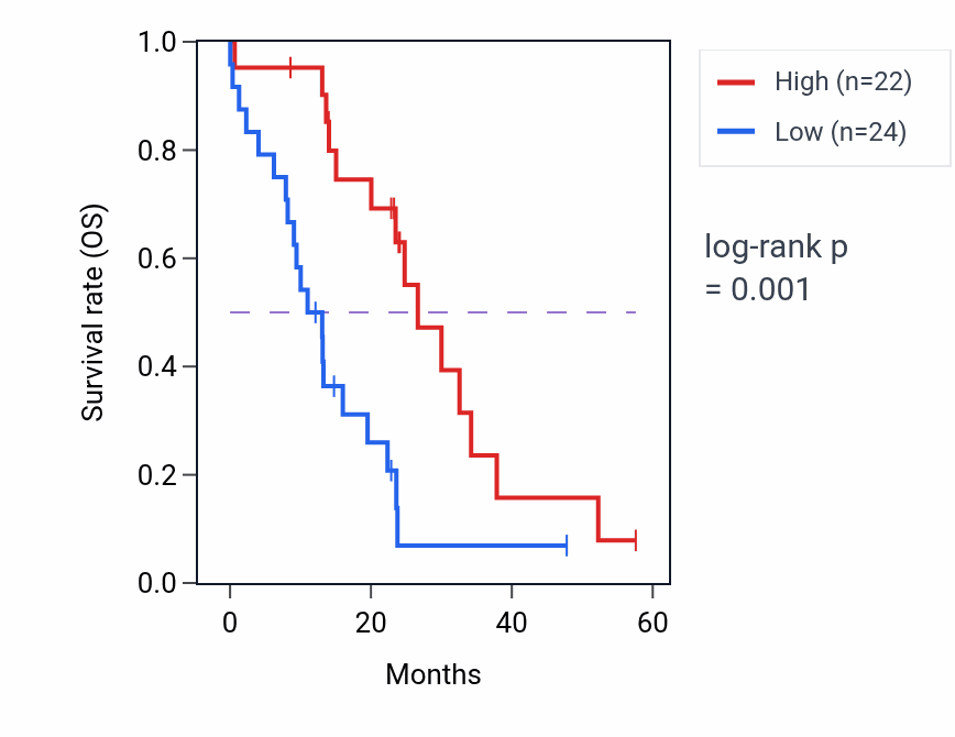 Kaplan&ndash;Meier survival curve for UBE2Q1 mass-spec protein-high vs -low samples in PDAC.