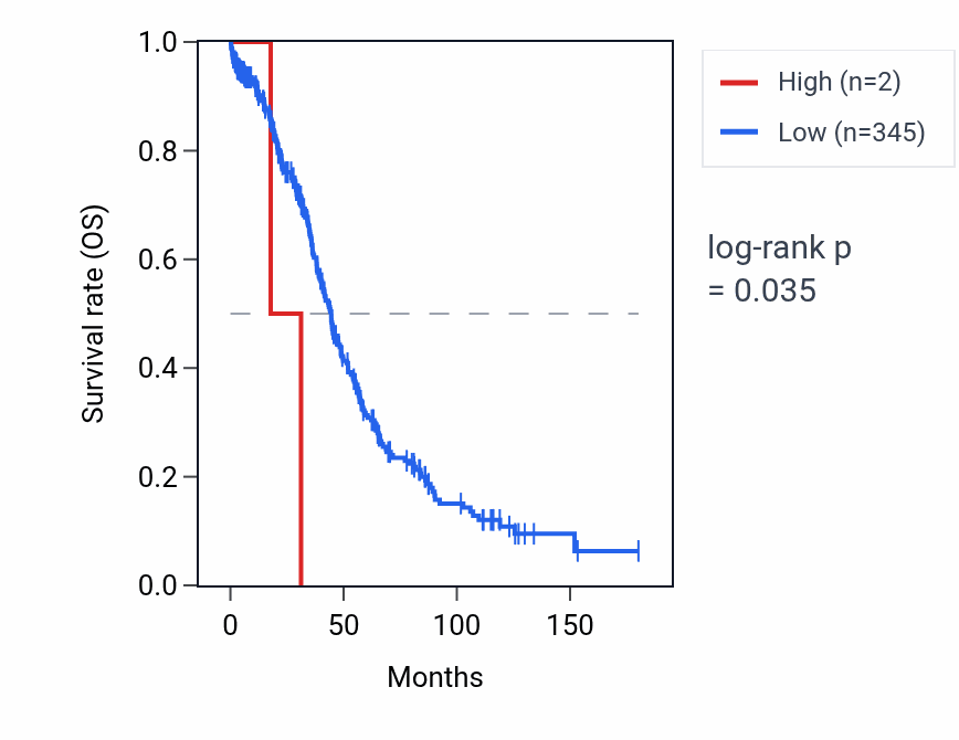 Kaplan&ndash;Meier survival curve for UBE2Q2P5Y RNA expression in OV: high vs low expression groups.