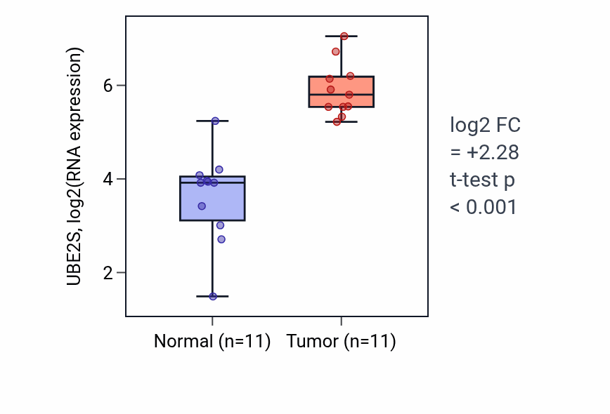 Tumor-vs-normal expression box plot for UBE2S RNA in HNSC.
