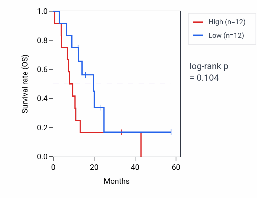 Kaplan&ndash;Meier survival curve for UBE2T mass-spec protein-high vs -low samples in PDAC.