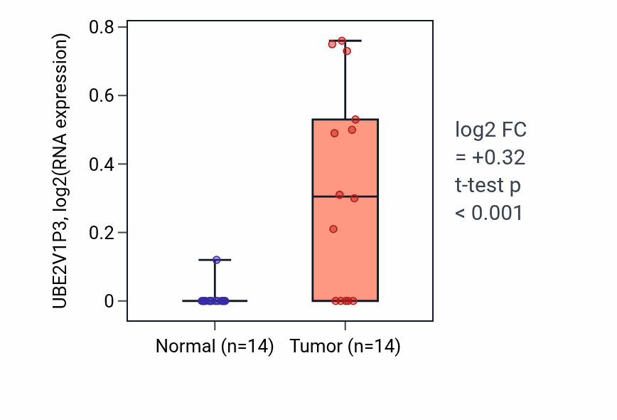 Tumor-vs-normal expression box plot for UBE2V1P3 in KIRC.